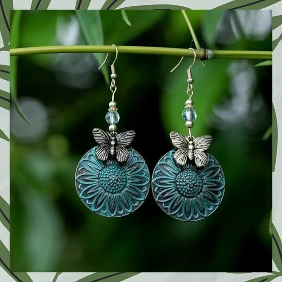 Boho Butterfly and Sunflowers Layered Earrings with Patina on French Hook #1118 - Picture 1 of 7